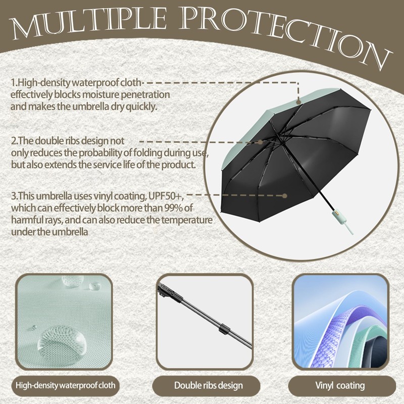 EKUW French Style Travel Compact Folding Umbrella with 7CM(2.76inch) Velcro/8Ribs/Lightweight