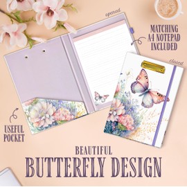 Clipboard Folio with Refillable Lined Notepad, Steel Butterfly Clipboard, Pen Loop, Elastic Band, 13" L x 9.25" W, Matte Paper Hardcover, Professional Office & Business Organizer