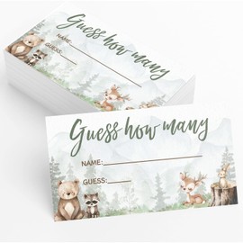 Printed Party Baby Shower Games – Woodland Adventure Candy Jar Guessing Game, Forest Animal Theme, 30 Guess How Many Cards & Matching Display Sign