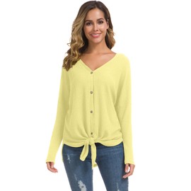 IWOLLENCE Women's Waffle Knit Tunic Tops Button Down Batwing Long Sleeve Henley V Neck Blouse Seniors Trendy Tie Front Knot Fall Shirts Butter Yellow, L