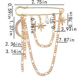 Gold Vintage Brooch Pins for Women Girls Fashion Rhinestone Moon Star Safety Pin Brooch with Chain Pearl Charms Layered Long Tassel Chain Brooch Elegant Decorative Clothes Pins for Suits Sweaters Hat