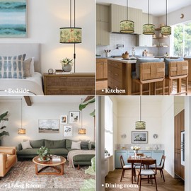 Eoiips Plug in Pendant Light Bamboo, 14.76ft Hanging Lamp with Plug in Cord, ON/Off Switch, Hanging Light Shade with Pattern, Pendant Light Fixture for Kitchen Island Bedroom Living Room(Flamingo)