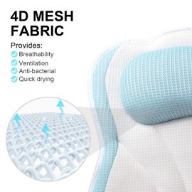 Bathtub Bath Pillows for Tub - Bath Tub Pillow Headrest, Upgraded 4D Mesh Fabric Bathtub Pillow for Neck & Back Support, Bath Pillow with Strong Suction Cups & Hook, Blue