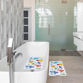 Amfor Baby Bath Mat for Tub for Kids, 40 X 16 Inch Extra Large Bathtub Kid Mat Non Slip, Cartoon Kids Bath Mat, with Suction Cups & Drain Holes, Machine Washable Bathroom Mats (Dinosaur)