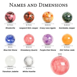 SOSMAR 200pcs Stone Beads, 8mm Crystal Round Beads for Jewelry Making, Rhodonite/Leopard Skin Jasper/Kambaba Jasper/Quartz/Agate Craft Bead for Bracelet Necklace Making, 10 Colours DIY Smooth Stone