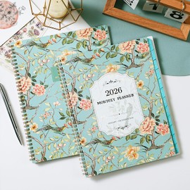 2026 Monthly Planner - 2026 Planner with Tabs, Monthly Planner/Calendar 2026, Jan. 2026 - Dec. 2026, 9" x 11", Strong Gold Twin-wire Binding, Back Pocket, Note Pages - Floral