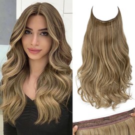 SARLA Invisible Wire Hair ExtensionsLong Wavy Curly Synthetic Hairpiece f with 3 Clips or Women Adjustable Transparent Headband 18 Inch Sandy Brunette