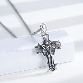 YueYuan Archangel Michael Necklace 925 Sterling Silver Saint Michael Cross Pendant Patron Saint Medals Religious Jewellery Gifts for Women Men