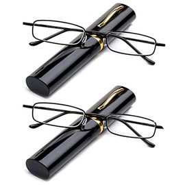 2 Packs Pocket Readers Ultra Compact Spring Temple Reading Glasses w/Portable Pocket Clip Aluminum Case Black +3.25