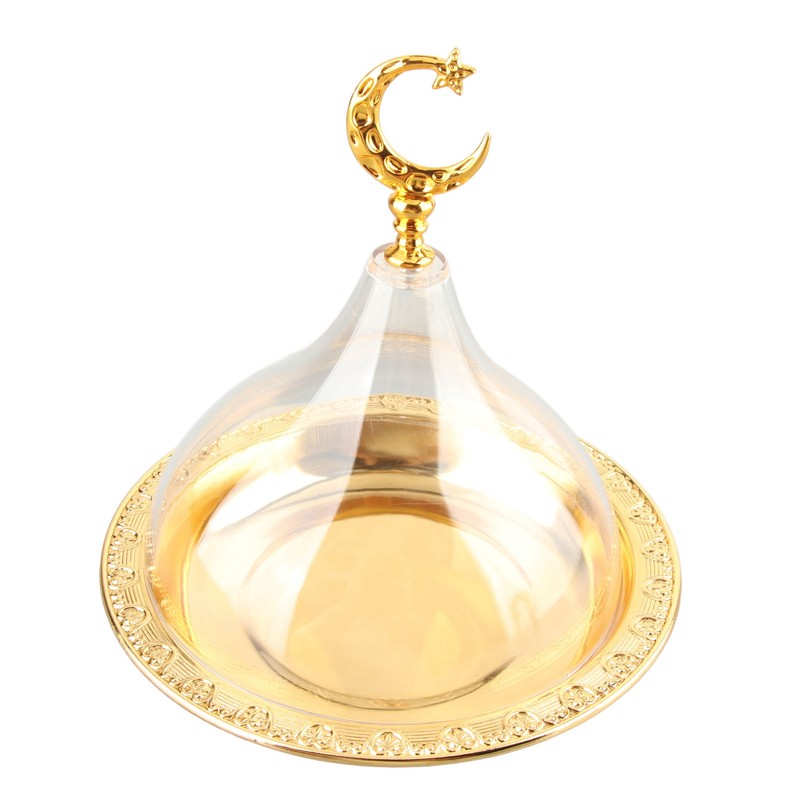 Serving Plate with Dome Golden Embossed Patterns Stainless Steel Acrylic