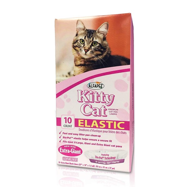 Alfapet Kitty Cat Pan Disposable, Elastic Liners- 10-Pack-for Large, X-Large, Giant, Extra-Giant Size Litter Boxes- with Sta-Put Technology for Firm, Easy Fit- Quick + Clever Waste Cleaners,