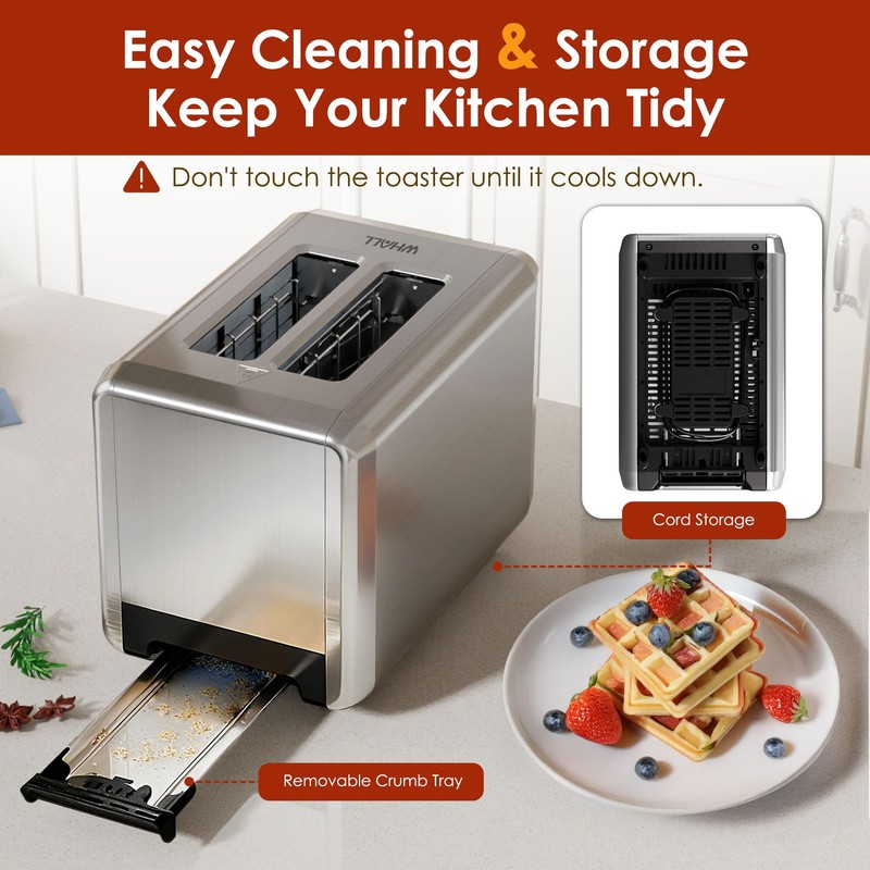 WHALL Full Touch Screen Toaster 2 Slice, 1.5'' Wide Slot