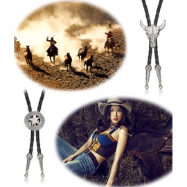 MILACOLATO 2Pcs Leather Tie Necktie Cow Skull Texas Ranger Star Chain for Men Rodeo Bolo Tie Necktie