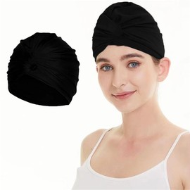 Swim Cap Women Retro Turban Cap Anti Slip Swimming Cap for Long Hair Pleated Knotted Swim Cap for Short Hair Bathing Cap Extra Large Swim Cap Elastic Comfort Cap for Swim Sleeping Spa Shower,Black