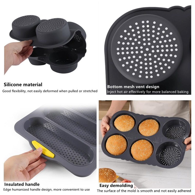 NatureMan 4 Pcs Silicone Baguette Pan and Hamburger Bun Pan