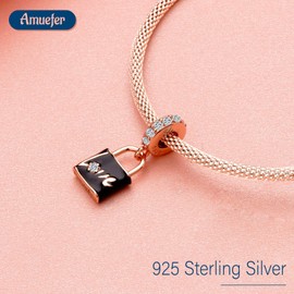 Amuefer Love Lock Charms for Bracelets 925 Sterling Silver Rose Gold Dangle for Necklaces Valentine's Day Birthday Christmas Jewelry Gifts for Women Friends