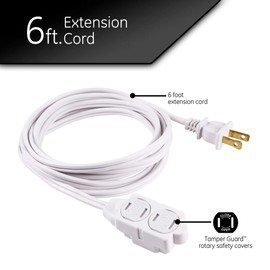 GE 3-Outlet Extension Cord with Multiple Outlets 6 Ft Extension Cord Power Strip 2 Prong 16 Gauge Twist-to-Close Safety Outlet Covers Indoor Outlet Extender UL Listed White 51937