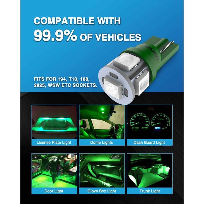 Marsauto 194 LED Light Bulb Green, 168 T10 2825 LED