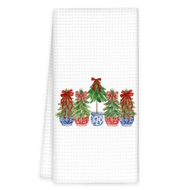 OINDADE Chinoiserie Christmas Kitchen Towels, Blue and White Porcelain Five Christmas Tree Hand Towels, Chinoiserie Dish Tea Towels for Kitchen Decorative, Chinoiserie Xmas Kitchen Decor, 16x24In
