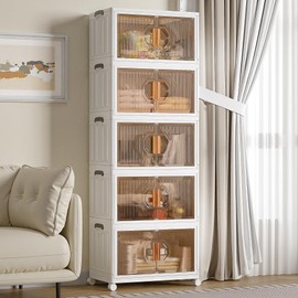 VECELO 16 Gal Stackable Storage Bins with Lid, 5 Pack Plastic Collapsible Storage Cabinet, Foldable Folding Box Organizer/Storage Container Cart with Wheel and Double Door for Home Office, White