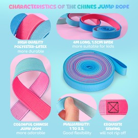 Yeavinfser Chinese Jump Rope - 4m Long Rainbow Elastic Rope with Instruction, 1.5cm Wide French Skipping, Fun Sports Toy for kids Indoor&Outdoor Jumpsies Games, Ideal Birthday Easter Gift