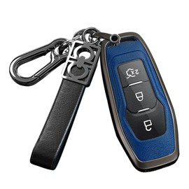 ontto Smart Remote Key Fob Protector Anti-Scratched Key Case Solid Metal Key Holder Durable Leather Key Cover Fit for Ford Focus 3 4 ST Mondeo 5 MK5 Mustang F-150 Explorer Edge Fiesta Kuga MK3 4 Blue