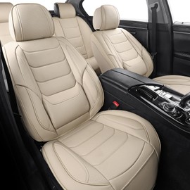 hoozoom Leather Front Car Seat Covers Breathable Seat Covers Waterproof Seat Protectors Universal Fit for Most Automotive Cars SUV Trucks Van (Beige, Front Pair)