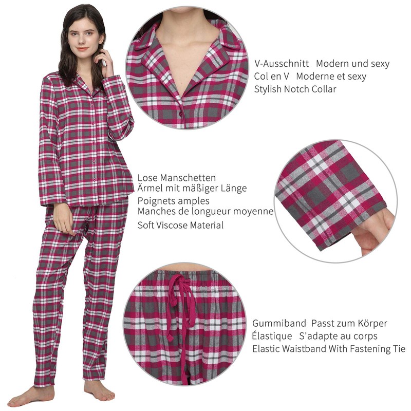 Mnemo Home Women's Long Flannel Pyjamas, 100% Cotton, Flannel, red