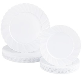 Poise Party Plastic Plates – White Scalloped Design - Round - 32 Count- Elegant Premium Durable Combo Pack for Versatile Celebrations (7.5”, 10.25”) 16 of Each Size