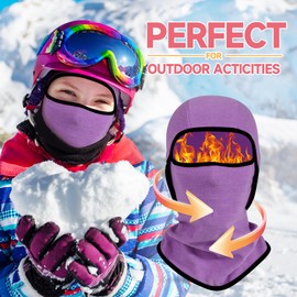 AYPOW Children's Balaclava Winter 6-14, Multifunctional Windproof Fleece Warm Ski Mask Cycling Face Mask Under Helmet Balaclava Hat with Neck Warmer for Boys Girls Winter Outdoor Sports, purple