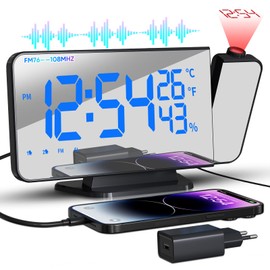 TAKRINK Alarm Clock Digital Radio Alarm Clock with 4 Levels Screen Brightness Projection Alarm Clock with Temperature Alarm Clock with Projection Dual Alarm Type-C Charger 180° Projector Projection