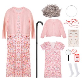 Skirfy Old Lady Costume for Kids, 100 Days of School Costume with Wig, Cane, and Other Dress Up Accessories for Girls