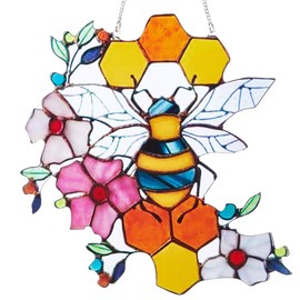 CREATCABIN Bees Stained Window Hanging Suncatcher Glass Window Panels Acrylic Suncatcher Honeycomb Window Hanging Decor Double Side Hand-Painted Ornament with Chain for Bee Lover Gift Mom 6.5x6.5 Inch
