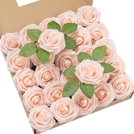 DuHouse 25Pcs Artificial Roses Flowers Fake Roses with Stems Real Touch Foam Flowers for DIY Wedding Bouquet Baby Shower Centerpiece Floral Arrangement Party Home Decor(Blush)