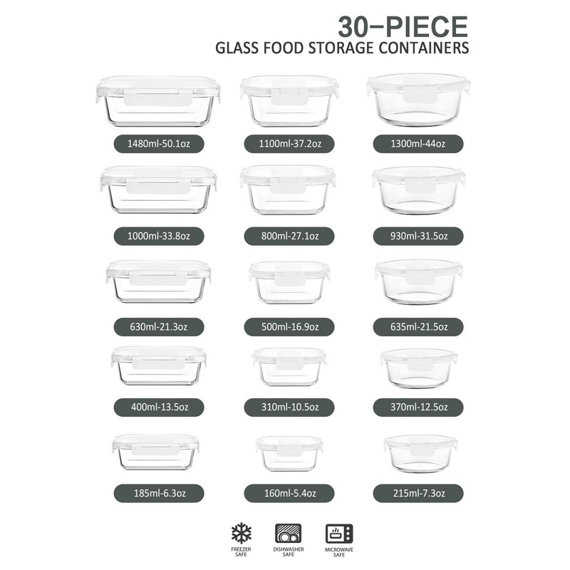30 Pieces Glass Food Storage Containers with Upgraded Snap Locking