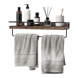 Bathroom Floating Shelves With Towel Bar - Solid Walnut Wooden Shelf
