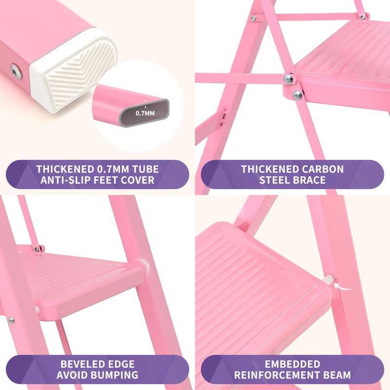 GameGem Pink 2 Step Ladder, Small Kitchen Step Stool for