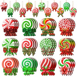 Yulejo 36 Pieces Peppermint Christmas Tree Ornaments Colorful Peppermint Wood Ornaments Lollipop Candy Christmas Ornaments Green,Red