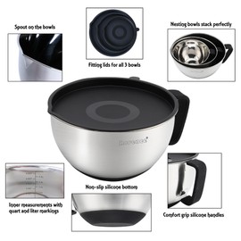 Rorence Stainless Steel Mixing Bowls: Metal Mixing Bowl Set with Lids and Handles Non-slip Silicone Bottom Nesting Bowls for Kitchen Set of 3 - Black