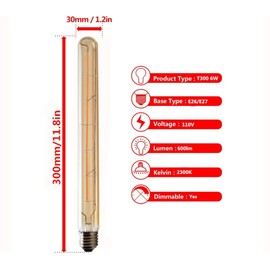 CTKcom T300 LED 6W Dimmable Vintage Edison Light Bulb T300 Long Tube LED Filament Bulb LED Tubular Edison Lights,E26 Medium Base, Warm White 2300K,6 Watt(60W Equivalent),Dimmable,3 Pack (Amber Glass)