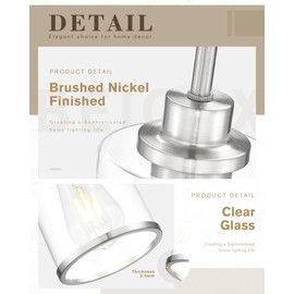 Beionxii Brushed Nickel Pendant Lights Kitchen Island, Hanging Lights Fixtures with Clear Glass, Kitchen Pendant Lighting Over Island, Hanging Lights for Sink, Dining Room, Entryway, BX-PL02BN-CG