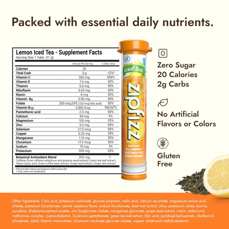 Zipfizz Daily Energy Drink Powder, Lemon Iced Tea, 20 Pack