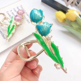 Sweet Two Blue Tulip flower bones Metal Hair Claw Clips, Large Hair Claw Hair Non-Slip No Broken Strong Hold Hair Clamps Fashion Hair Accessories for Woman With Long Thick Curly Hair