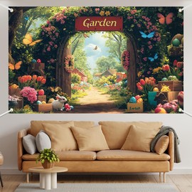 Lofaris Spring Garden Natural Scenery Easter Eggs Bunny Rabits Butterfly Banner Outdoor Floral Tree Path Background Wedding Bridal Shower Baby Shower Birthday Party Decorations 70.8x43.3(inch)