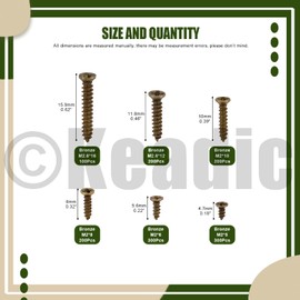 Keadic 1290 Pcs Small Self Tapping Screws Assortment Kit, M2*5/6/8/10mm M2.6 * 12/16mm Self-Drilling Flat Cross Head Mini Wood Screw with Plastic Case (Bronze）
