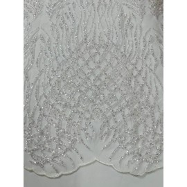 Mia Fabrics White Beaded Fabric by the yard, Damask Pattern With Beads and Sequin