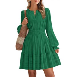 BTFBM Mini Dresses for Women 2025 Casual Lightweight Long Sleeve V Neck A Line Elastic Waist Party Holiday Dress(Dark Green, Medium)