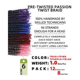 6 Inches 8 Packs Pre Looped Pretwisted Passion Twist Crochet Hair for Black Women and Kids,(TBUG+TPink+TPurple+TBlue) Mixed Color Combo Pack(6"-8 Packs,TBUG+TPink+TPurple+TBlue)