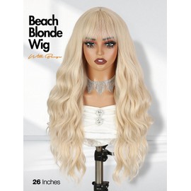 Blonde Wig with Bangs Long Beach Blonde Wavy Wigs for Women 26 Inch Long Curly Wigs Mermaid Waves Heat Resistant Synthetic Fiber Wig for Daily Party Use