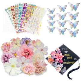 RAOVCUS 33 Pcs DIY Graduation Cap Decorations Pink Accessory Kit,3D Artificial Flowers for Grad Hats Decor,Gorros De Graduacion 2025 Decoracion, Rhinestones for Craft, English Stickers Butterfly Decor